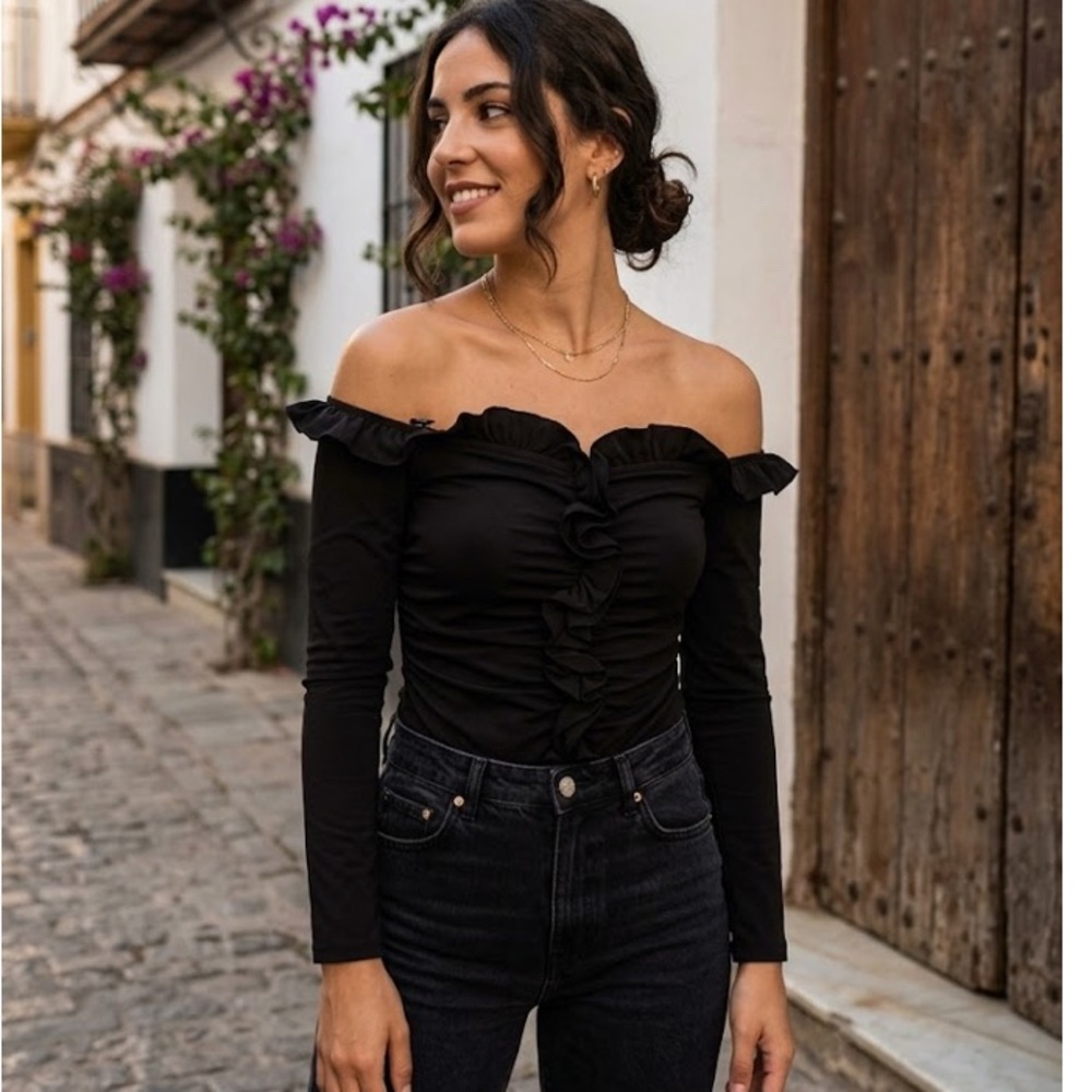 Zara Black Off-Shoulder Ruffle Long-Sleeve Top